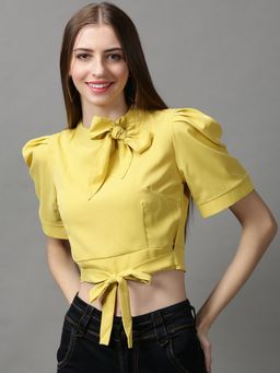 SHOWOFF - Women's Puff Sleeves Solid Yellow Blouson Top