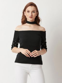 Miss Chase - Womens Black Round Neck Half Sleeve Cotton Printed Belted Midi Shirt Dress