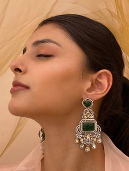 AVSA JEWELS - Green Victorian Polki Gold Finish Statement Earrings