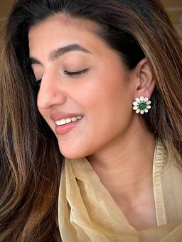 AVSA JEWELS - Green Kusha Floral Polki Stud Earrings
