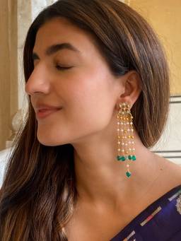 AVSA JEWELS - Gold Vaibhavi Long Polki Emerald Danglers