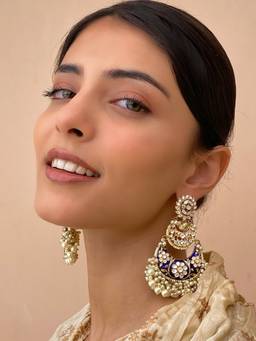 AVSA JEWELS - Blue Rumani Polki Gold Finish Chaandbaali Earrings