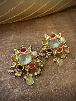 AVSA JEWELS - Multi-Color Ratna Kundan Navratna Stud Earrings