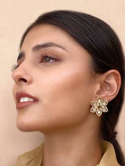 AVSA JEWELS - White Sarita Polki Gold Finish Stud Earrings