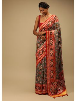 KALKI FASHION - Red and Green Saree in Soft Silk with Patola Print and Stick On Kundan Work
