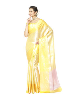 Banarasi Silk Works - Yellow Zari Kanchi Silk Tanchoi Meena Saree with Unstitched Blouse