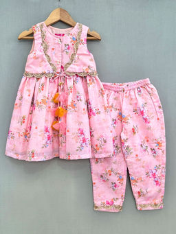 LABEL NEETI - Pink Floral Print Kurta With Attached Jacket & Pant