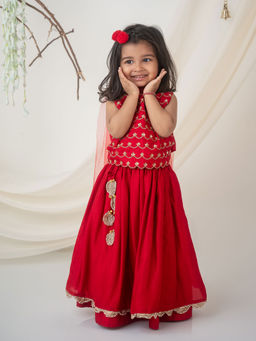 LABEL NEETI - Red Hand Embroidered Top With Lehenga & Dupatta