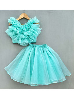 LABEL NEETI - Blue Organza Ruffles Top And Skirt