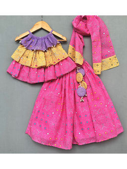 LABEL NEETI - Multi-Color Traditional Print Cotton Top With Lehenga & Dupatta