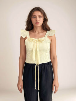Outzidr - Yellow Ribboned Flutter Sleeve Top
