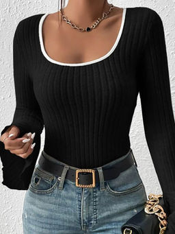 Outzidr - Black Flat Knit Top with Bell Sleeves