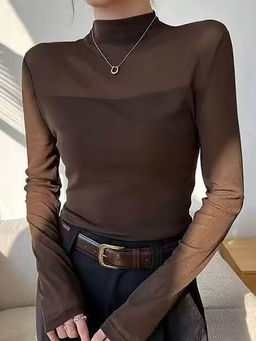 Outzidr - Brown High Neck Mesh Top