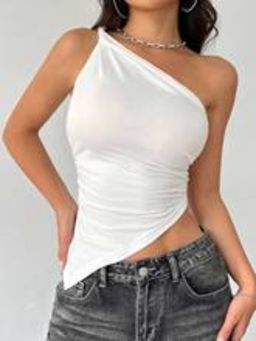 Outzidr - White One Twisted Shoulder Asymmetrical Top