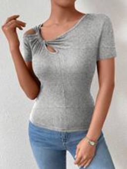 Outzidr - Grey Short Sleeve Neck Detail Top