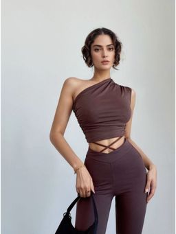 Outzidr - Brown One Shoulder Ruched Top
