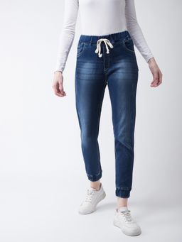 Miss Chase - Women's Navy Blue Relaxed Fit Mid Rise Scraped Denim Jogger Pants