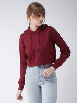 Miss Chase - Women's Maroon Solid Round Neck Full Sleeve Hooded Boxy Crop Sweatshirt