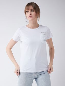 Miss Chase - Women's White Cotton Round Neck Short Sleeve Graphic Print T-Shirt