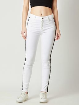 Miss Chase - Women's White Skinny Mid Rise Printed Twill Tape Stretchable Denim Jeans