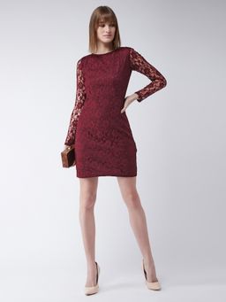 Miss Chase - Maroon Round Neck Full Sleeves Bodycon Dress
