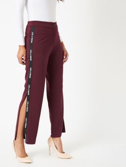 Miss Chase - Women's Wine Red Solid Wide Leg Regular Length Side Slitted Trouser