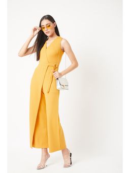 Miss Chase - Women's Mustard Yellow V-Neck Sleeveless Wrap Regular Length Jumpsuit