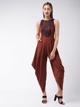Miss Chase - Women Rust & Black Round Neck Sleeveless Solid Draped Dhoti Regular Jumpsuit