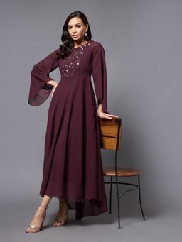 Miss Chase - Women's Wine Shoulder Cut-Out Embellished Maxi Dress