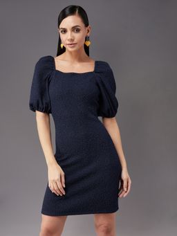 Miss Chase - Women's Navy Blue Square Neck Puff Half sleeve Bodycon Knee Party Dress
