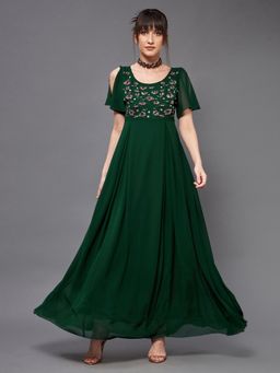 Miss Chase - Dark Green Round Short Slit Sleeve Solid Embellished Georgette Maxi Dress