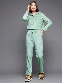 Miss Chase - Women's Sage Green Hooded Full-Sleeve Solid Croped Hooded Co-Ord Set