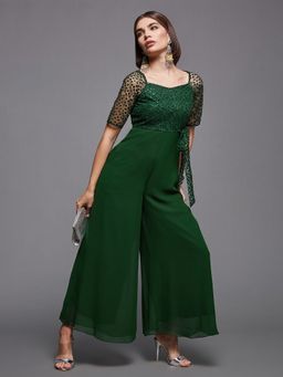 Miss Chase - Women's Dark Green All That Glitter Square Neck Embroidered Jumpsuit
