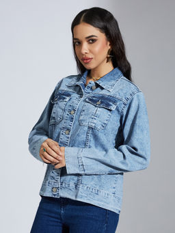 Miss Chase - Blue Collared Embellished Back Denim Jacket