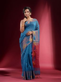 CHARUKRITI - Cobalt Blue with Foliage Motif and Zari Temple Border Saree with Unstitched Blouse