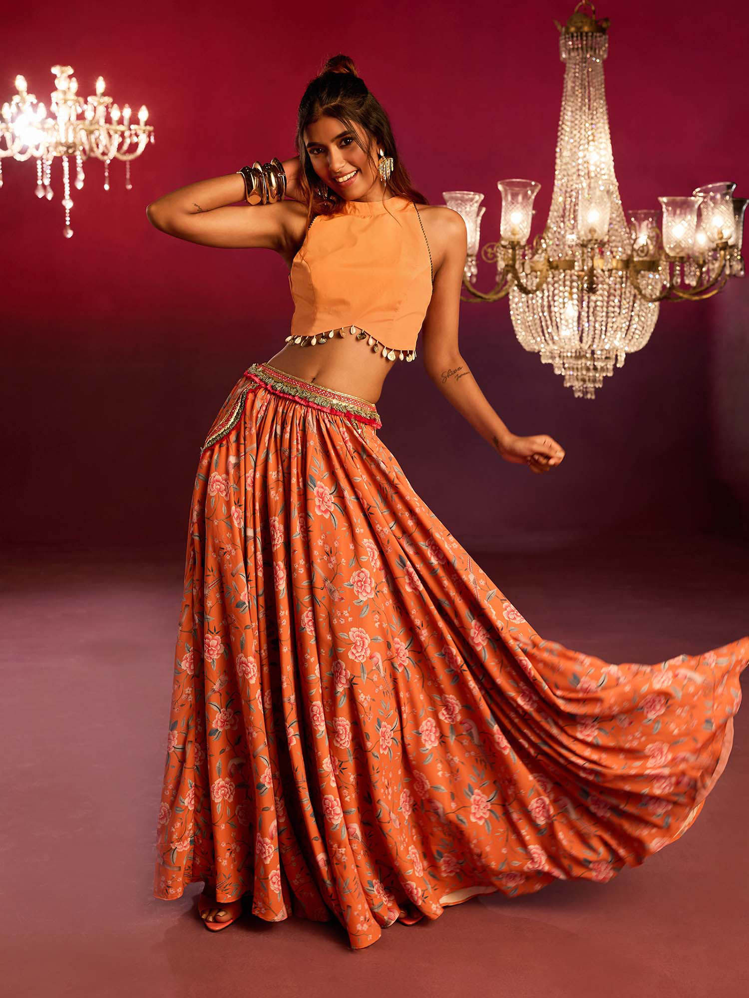 Buy Gajra Gang Rishi Vibhuti 2.0 Orange Art Crepe Skirt with