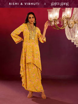 Gajra Gang - Rishi Vibhuti 2.0 Yellow Art Crepe Printed Kurta Dhoti Co-ord Set (Set of 2)
