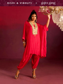 Gajra Gang - Rishi Vibhuti 2.0 Fuchsia Chinon Embellished Kaftan Kurta Afghani Pant Set (Set of 2)
