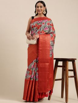 Vastranand - White & Black Floral Print Banarasi Saree with Unstitched Blouse