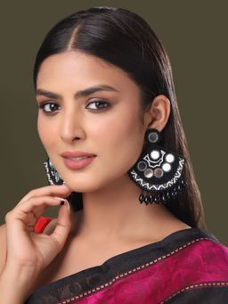 VIRAASI - Black Handmade Mirror Work Drop Fabric Earrings