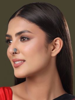 VIRAASI - Silver-Plated Floral Design Oxidised Clip-On Nosepin