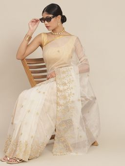 ISHIN - Womens Cotton Blend Cream Embroidered Saree with Unstitched Blouse