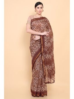 Soch - Women Brown Cotton Printed Saree with Unstitched Blouse