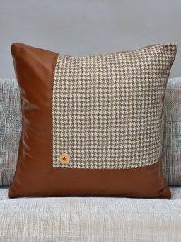At Home by Nilkamal - Houndstooth Patch Fabric & Leatherette Cushion Cover Beige & Tan (16x16 inches)