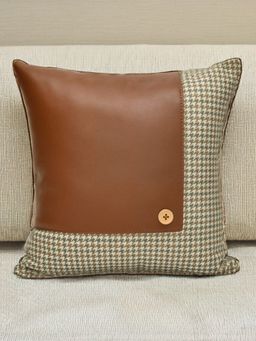 At Home by Nilkamal - Houndstooth with Solid Patch Fabric and Leatherette Cushion Cover (16x16 inches)