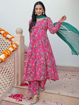 Janasya - Womens Pink Georgette Digital Floral Printed Kurta with Palazzo & Dupatta (Set of 3)