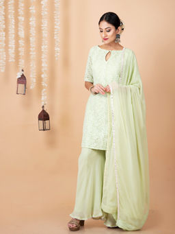 Empress Pitara - Mint Green Lucknowi Kurta And Palazzo With Dupatta (Set of 3)