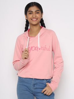 TotzTouch - Girls Chest Printed Hooded Pink Sweatshirt