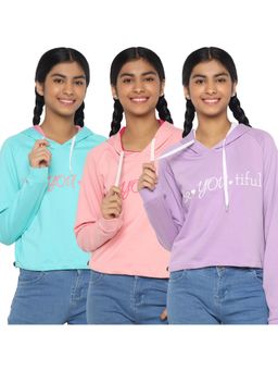TotzTouch - Girls Chest Printed Hooded Sweatshirt (Pack of 3)