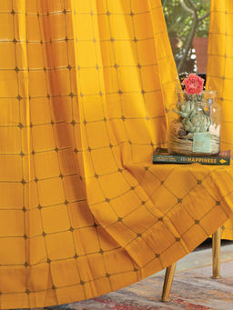 Urban Space - Pixel Checks Embroidery Cotton Curtain Window - Mustard (Pack of 2)